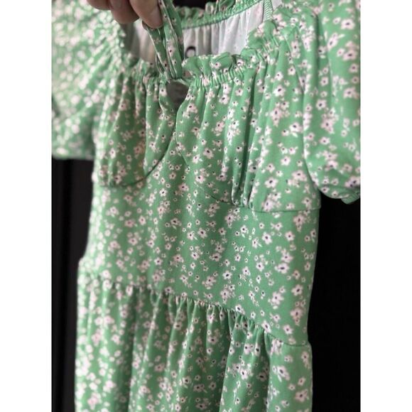 Milkmaid wench Dress Green Floral Tie‎ Short Sleeves Size XS Babydoll Boho - Picture 2 of 6